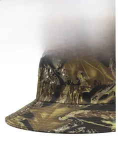 Detail of camouflaged jungle bucket hat featuring breathable vents and wide sturdy brim