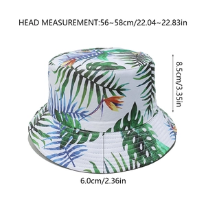 Detailed dimension guide for tropical leaf print bucket hat showing size and measurements