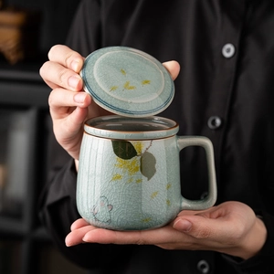 Ceramic Tea Mug With Lid And Infuser Ice Crackle Glaze Hand Painted Jade Rabbit Osmanthus Pattern Vintage Chinese Style Office Drinking Cup