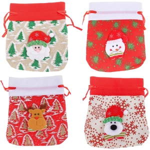 Christmas gift drawstring bags with 3D Santa and Reindeer designs in a four-piece set