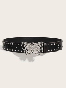 Detail of black leather belt with silver butterfly buckle and punk style rivets