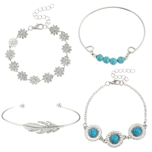 Detailed set of four silver bohemian bracelets featuring turquoise stones and feather charms