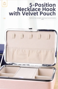 Pink PU leather jewelry box detail showing 5 necklace hooks and soft velvet interior pouch