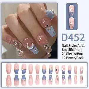 French style gradient press-on nails with pearls and stars in long coffin AL11 shape