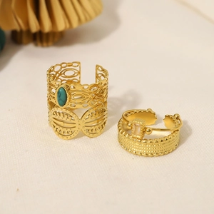 Retro 18k gold-plated stainless steel open rings with turquoise and zircon stones