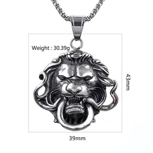 Punk style lion head pendant necklace in silver finish with product dimensions and weight