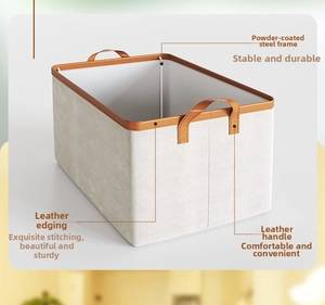 Detail view of steel frame and leather handle on durable cotton fabric storage box