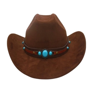 Close-up of brown felt cowboy hat with leather band and turquoise stone embellishments