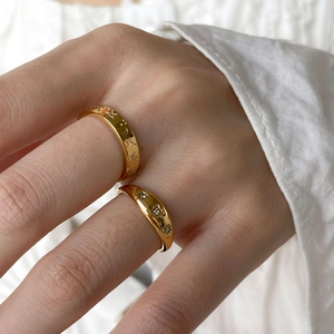 Celestial Star Moon Ring Gold Plated Titanium Steel Hexagram Cubic Zirconia Accented Minimalist Retro Jewelry For Women