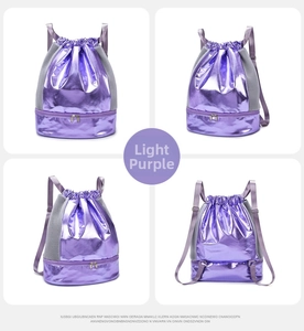 Detail view of purple pearlescent drawstring bag with mesh and dry-wet separation pocket