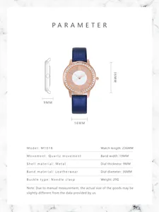Detailed size specifications for women's star-dial watch with leather strap and rose gold case