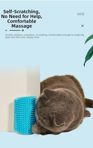 Close-up of a blue silicone corner self-groomer brush being used by a grey British Shorthair cat