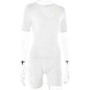 Close-up of white short sleeve bodysuit with U-neck design on invisible mannequin