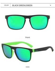 Detailed front and side views of black-green polarized sunglasses with green mirror lenses