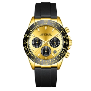 Men's multifunctional chronograph watch with gold case, black bezel, and rubber strap
