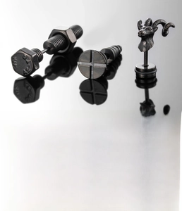Industrial black stainless steel stud earrings set featuring screw and nut designs