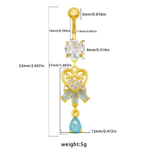 Detailed dimension guide for gold hollow heart navel ring with blue marquise zircon