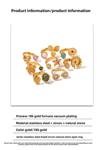 Detail of 18K gold plated stainless steel rings featuring zircon and natural stone