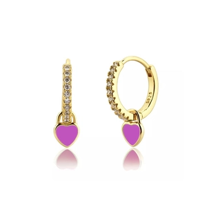 Golden heart purple enamel earrings with S925 silver needle and white zircons
