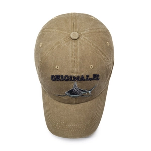 Casquette de baseball en coton délavé kaki avec broderie de requin et texte bleu