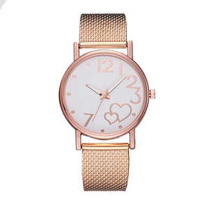 Elegant rose gold women's watch with heart pattern dial and mesh band strap