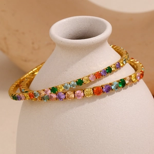 Elegant 18K gold plated stainless steel stretch bracelet with colorful zircon stones