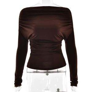 Off-shoulder long sleeve slimming top in chocolate brown with pleated texture