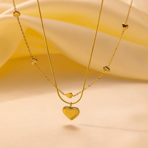 Double-layered 18k gold plated heart necklace with snake chain for a stylish layered look