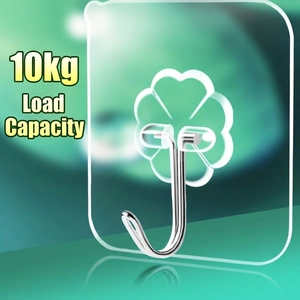 Transparent clover adhesive wall hook with 10kg load capacity for home storage