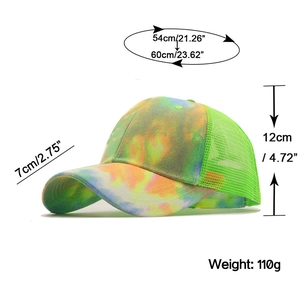 Tie-dye baseball cap size details with 7cm brim, 12cm height, and 54-60cm headband range