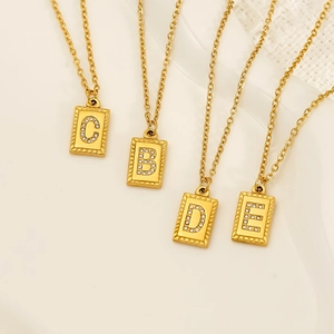 18k gold plated stainless steel square letter necklaces with zircon crystal pendants