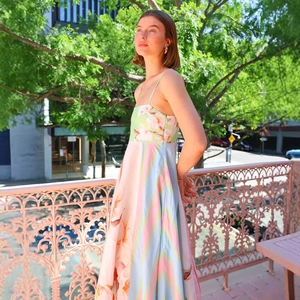 Bohemian floral and striped print maxi dress with spaghetti straps in multi-color panels