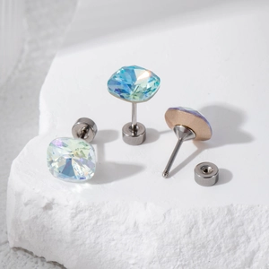 8mm square moonstone crystal stud earrings with rainbow coating and screw back design