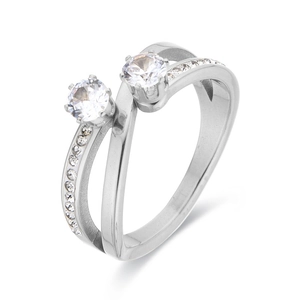 Crossed silver titanium steel ring with double layers and sparkling cubic zirconia stones