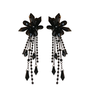 Dramatic dark style flower crystal tassel earrings with black metal chains for women