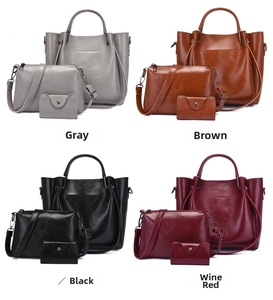 Three-piece women's handbag set in four colors with smooth synthetic leather texture