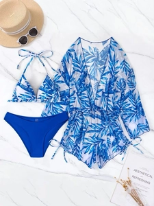 Tropical leaf print three-piece swimwear with long sleeve cover-up and blue bikini set