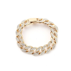 Chunky 15mm gold Cuban link bracelet with iced-out rhinestones for hip hop fashion style