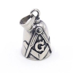 Antique silver Masonic bell pendant with engraved compass and G symbol in retro industrial style