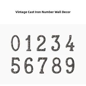 Macro shot of industrial retro cast iron numbers 0 to 9 with rustic forged texture