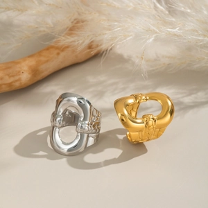Anelli geometrici minimalisti in acciaio inossidabile e oro 18k con trama in pelle