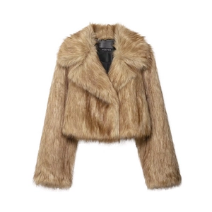 Women Faux Fur Jacket Cropped Brown Long Sleeve Big Lapel Warm Fashion Casual Elegant Outerwear Coat For Winter