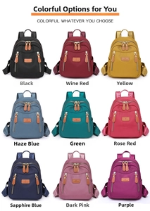 Collage of nylon backpacks in nine vibrant colors with front zipper and side pockets