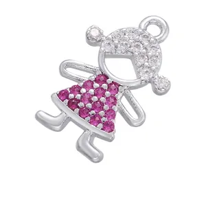 Detail view of a 9x14.5mm rhodium plated brass girl pendant with pink and white zircons