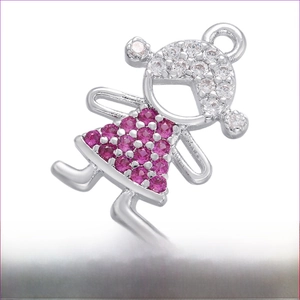 Detail view of a 9x14.5mm rhodium plated brass girl pendant with pink and white zircons