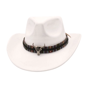 White felt cowboy hat with ethnic band and silver bull skull ornament detail