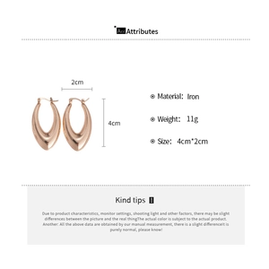 Detailed size and material chart for rose gold water drop hoop earrings made of iron