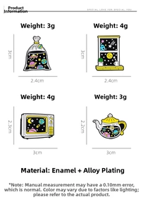 Detailed size chart for starry sky enamel pins showing dimensions and 4g weight specs