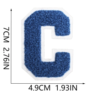 Detailed view of 7cm blue chenille letter C patch with white border embroidery