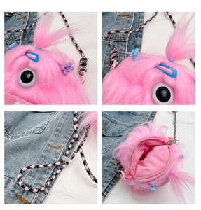 Detailed views of pink fuzzy monster crossbody bag with large eyes and checkered strap
